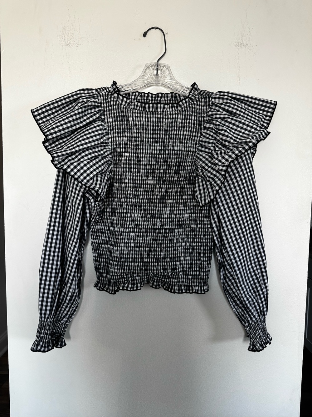 Chöjé Black White Gingham Smocked Off Shoulder Ruffle Blouse Top 100% Cotton